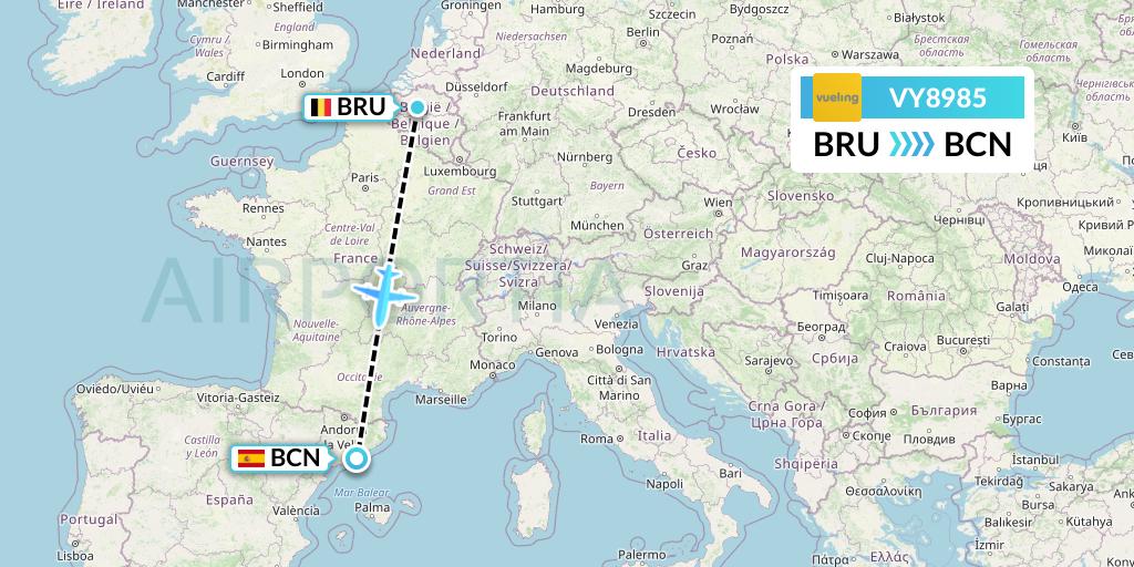 VY8985 Vueling Flight Map: Brussels to Barcelona