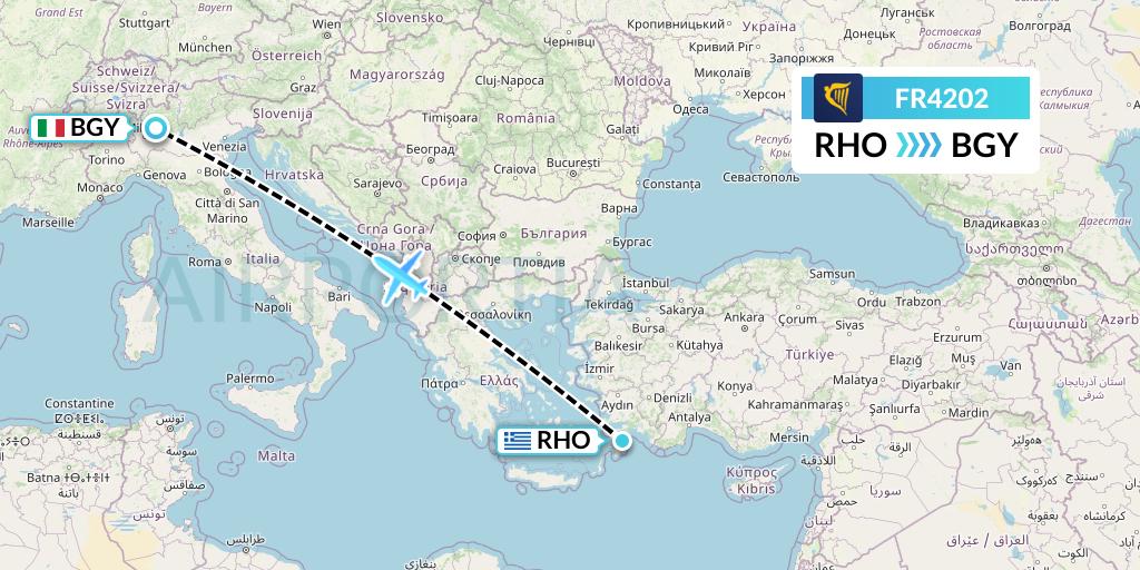 FR4202 Ryanair Flight Map: Rhodes to Milan