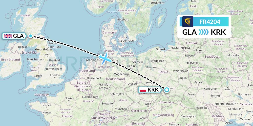 FR4204 Ryanair Flight Map: Glasgow to Krakow