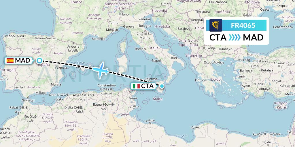 FR4065 Ryanair Flight Map: Catania to Madrid