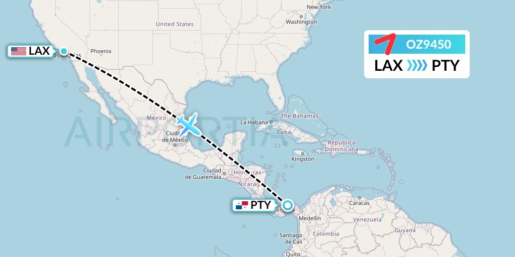 OZ9450 Asiana Airlines Flight Map: Los Angeles to Panama City