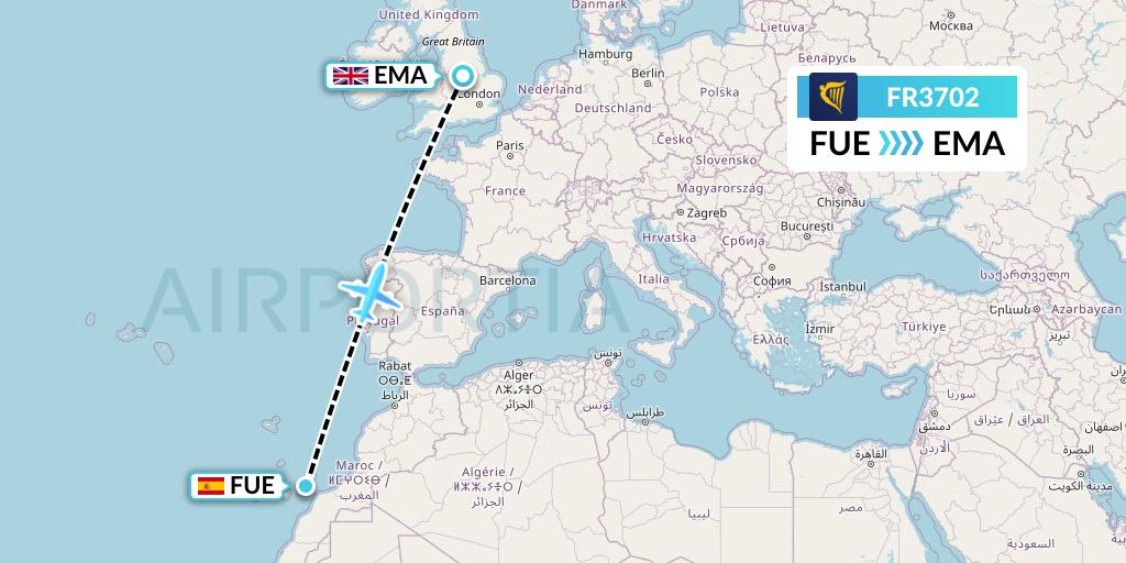 FR3702 Ryanair Flight Map: Fuerteventura to East Midlands