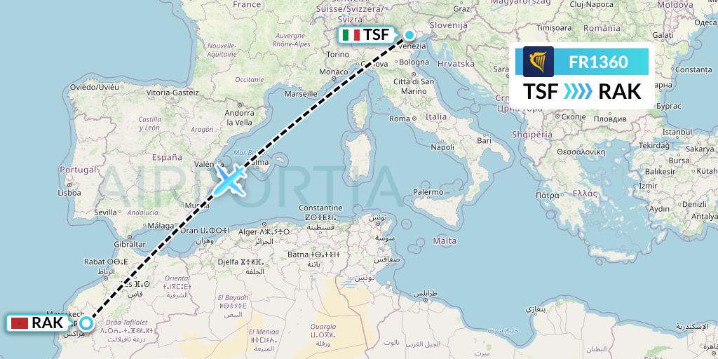 FR1360 Ryanair Flight Map: Treviso to Marrakesh 