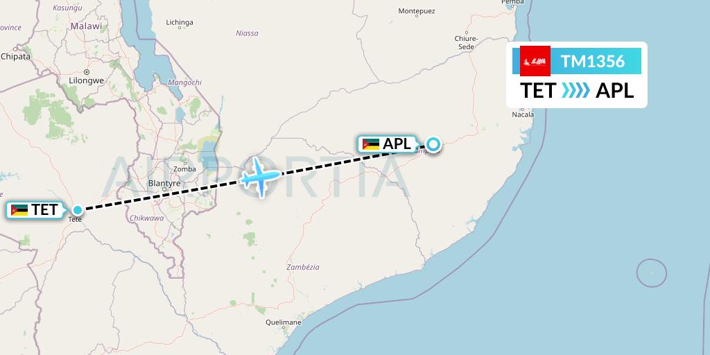 TM1356 LAM Mozambique Airlines Flight Map: Tete to Nampula