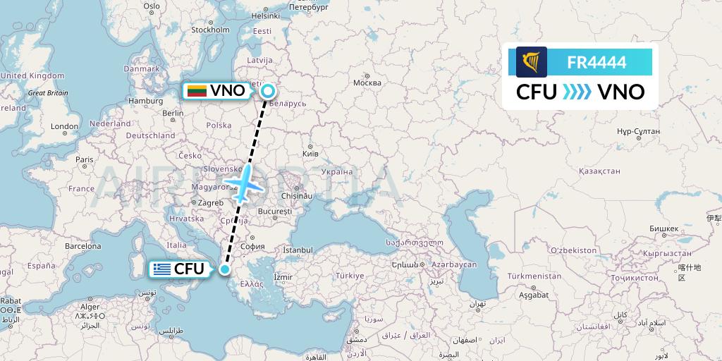 FR4444 Ryanair Flight Map: Corfu to Vilnius