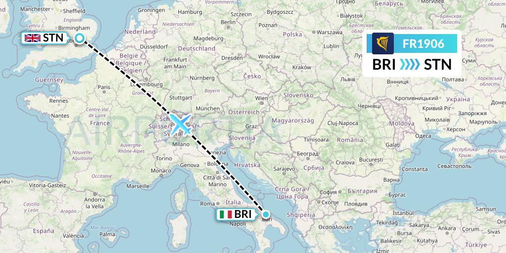 FR1906 Ryanair Flight Map: Bari to London