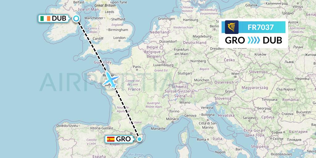 FR7037 Ryanair Flight Map: Girona to Dublin