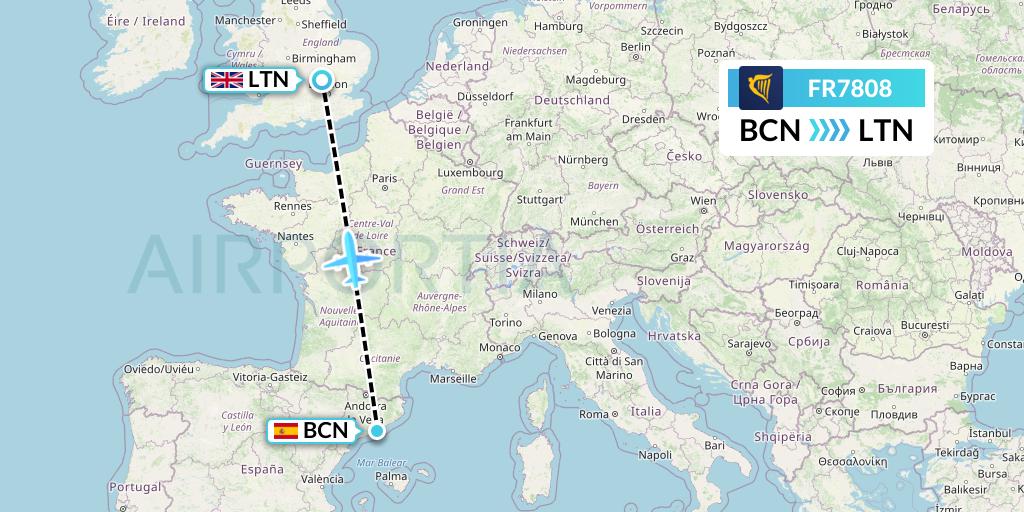 FR7808 Ryanair Flight Map: Barcelona to London