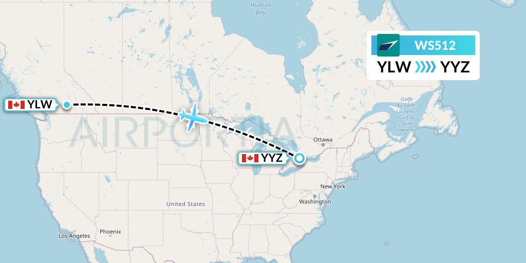 WS512 WestJet Flight Map: Kelowna to Toronto