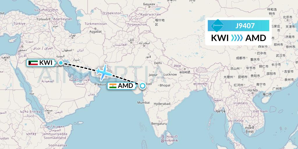 J9407 Jazeera Airways Flight Map: Kuwait City to Ahmedabad