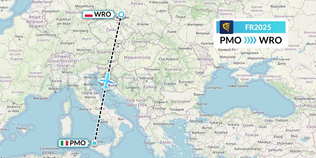FR2025 Ryanair Flight Map: Palermo to Wroclaw