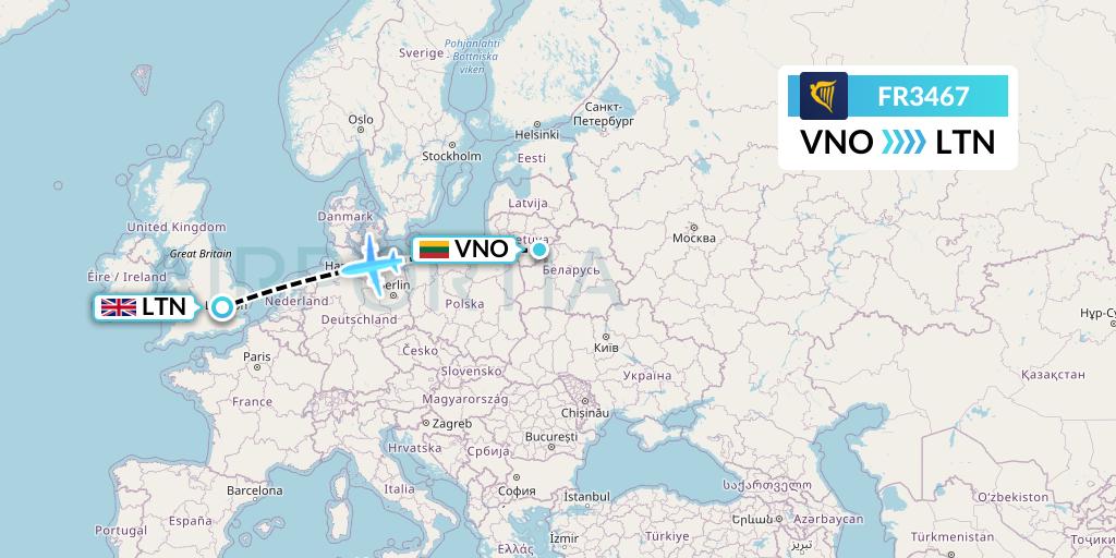 FR3467 Ryanair Flight Map: Vilnius to London