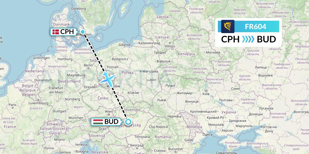 FR604 Ryanair Flight Map: Copenhagen to Budapest