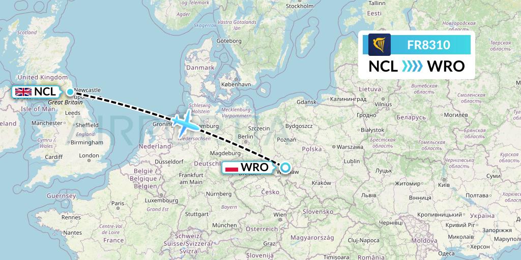FR8310 Ryanair Flight Map: Newcastle to Wroclaw