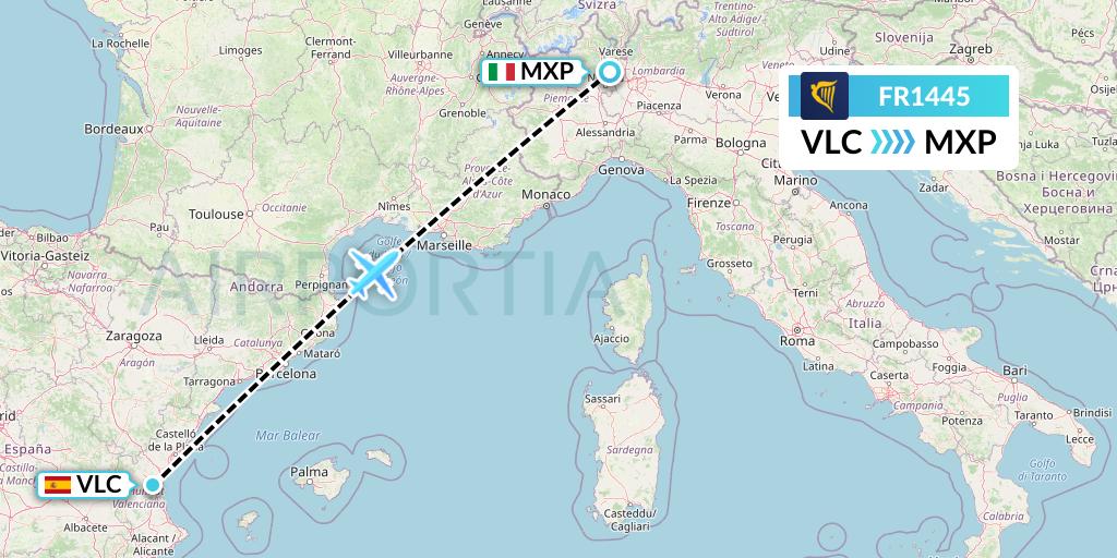 FR1445 Ryanair Flight Map: Valencia to Milan