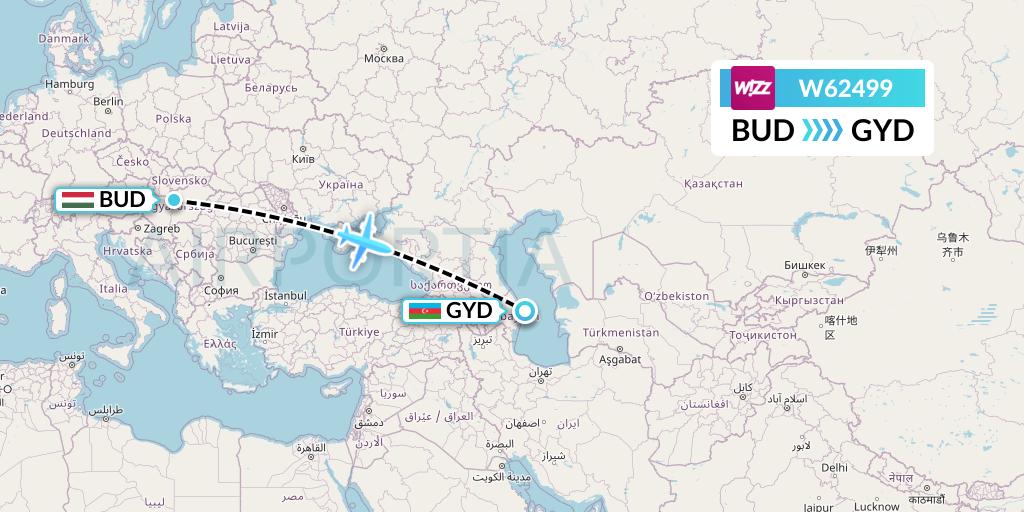 W62499 Wizz Air Flight Map: Budapest to Baku