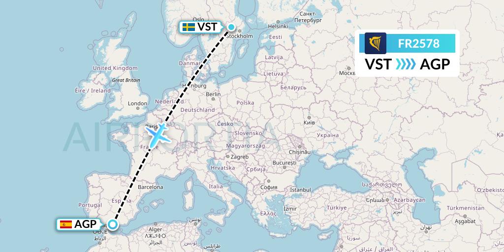 FR2578 Ryanair Flight Map: Stockholm to Malaga