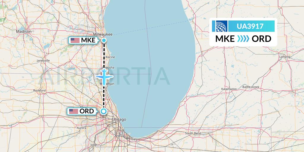 UA3917 United Airlines Flight Map: Milwaukee to Chicago