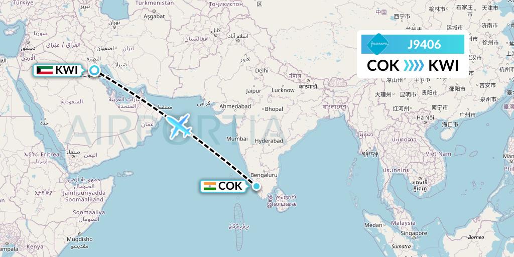 J9406 Jazeera Airways Flight Map: Cochin to Kuwait City