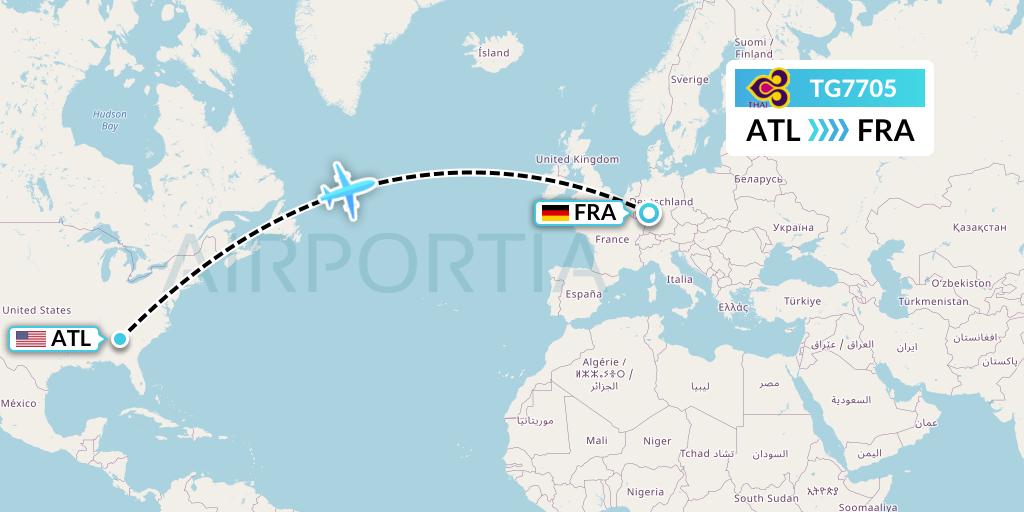 TG7705 Thai Airways Flight Map: Atlanta to Frankfurt