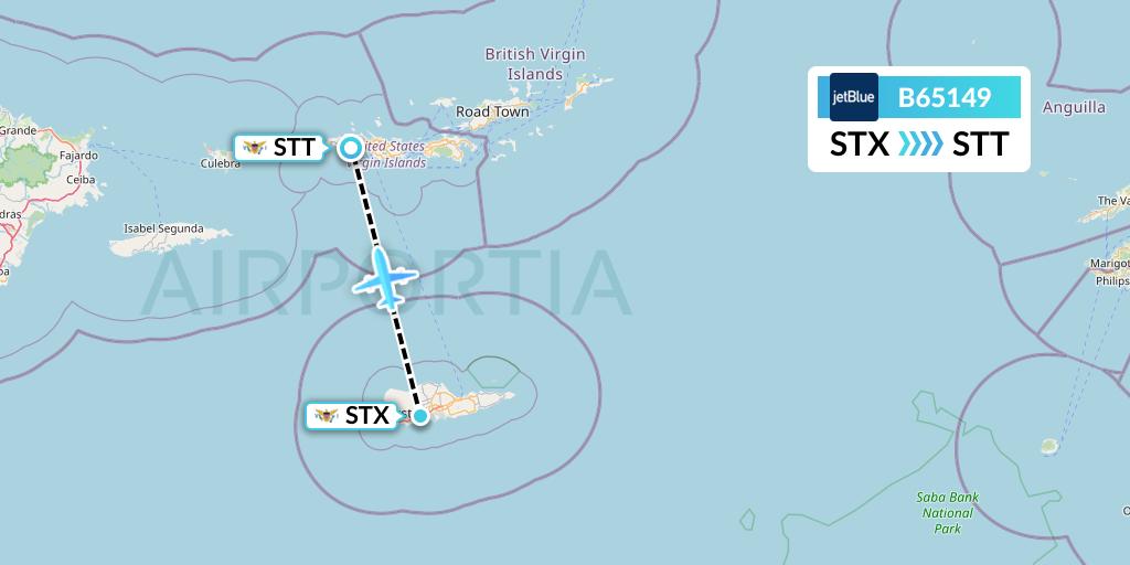 B65149 JetBlue Airways Flight Map: St. Croix to St. Thomas