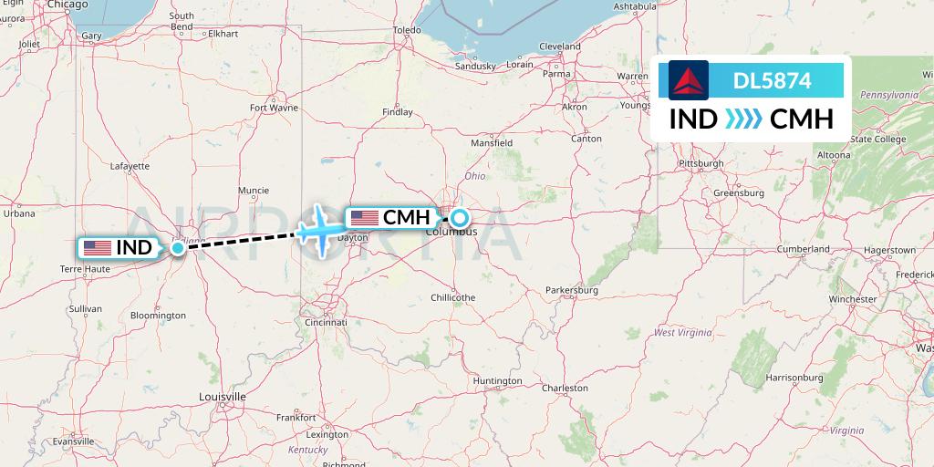 DL5874 Delta Air Lines Flight Map: Indianapolis to Columbus