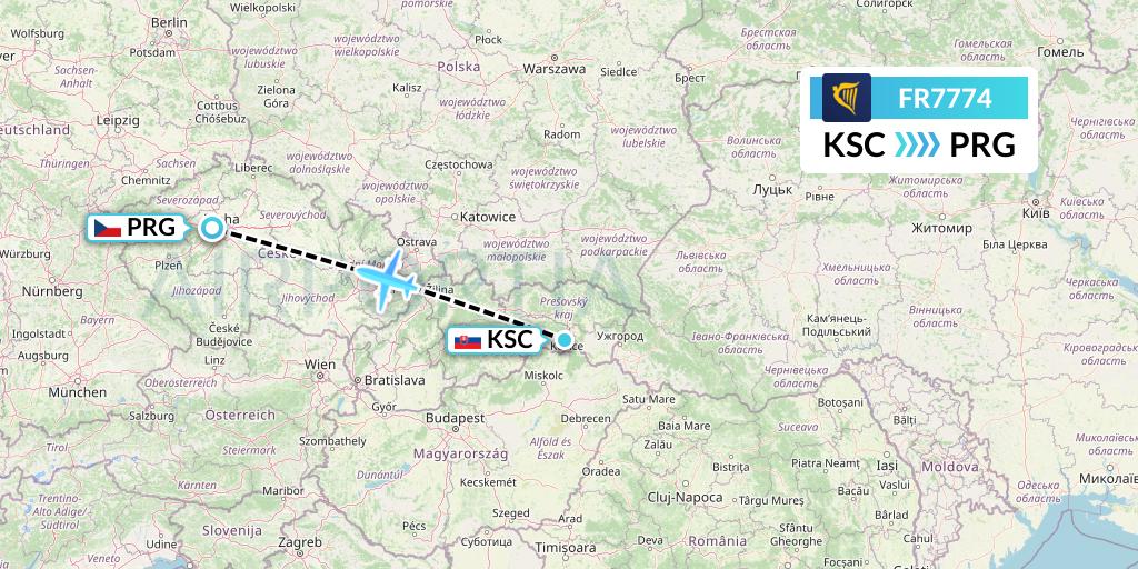 FR7774 Ryanair Flight Map: Kosice to Prague