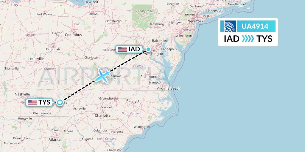UA4914 United Airlines Flight Map: Washington to Knoxville