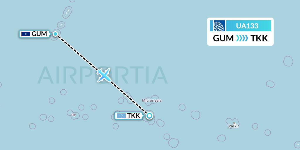 UA133 United Airlines Flight Map: Guam to Chuuk