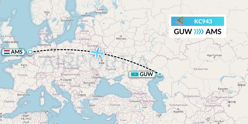 KC943 Air Astana Flight Map: Atyrau to Amsterdam