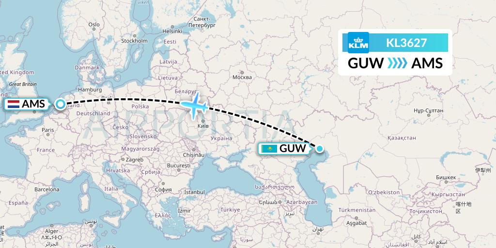 KL3627 KLM Flight Map: Atyrau to Amsterdam