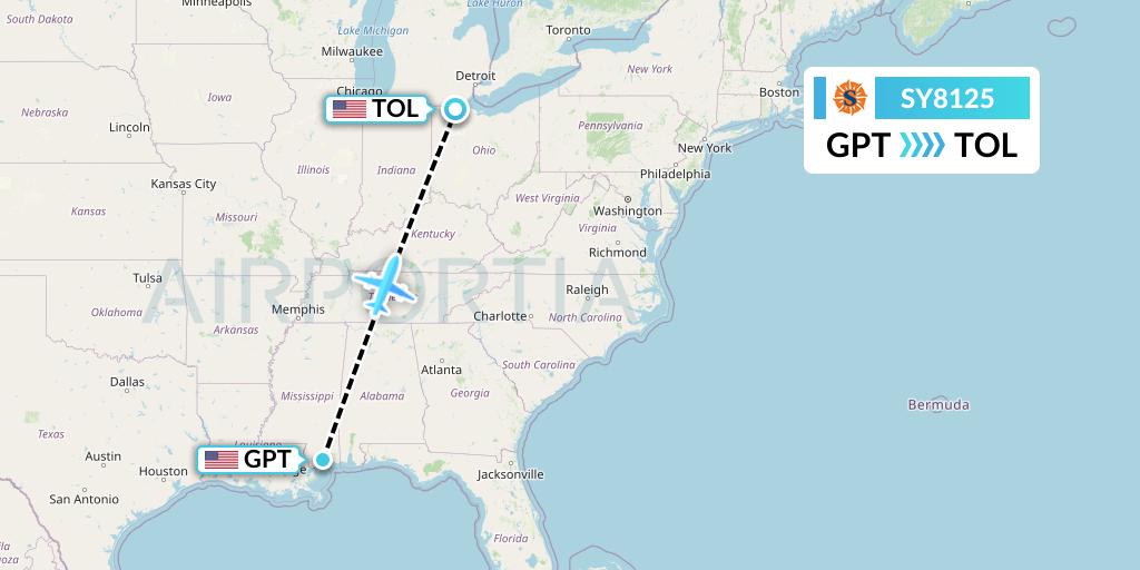 SY8125 Sun Country Airlines Flight Map: Gulfport to Toledo