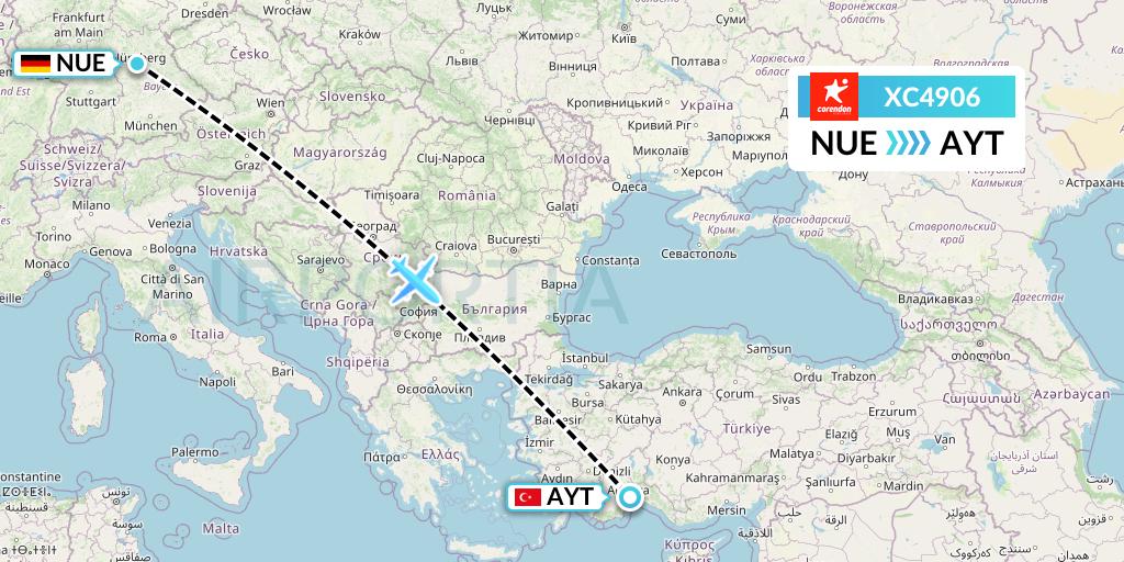 XC4906 Corendon Airlines Flight Map: Nurnberg to Antalya