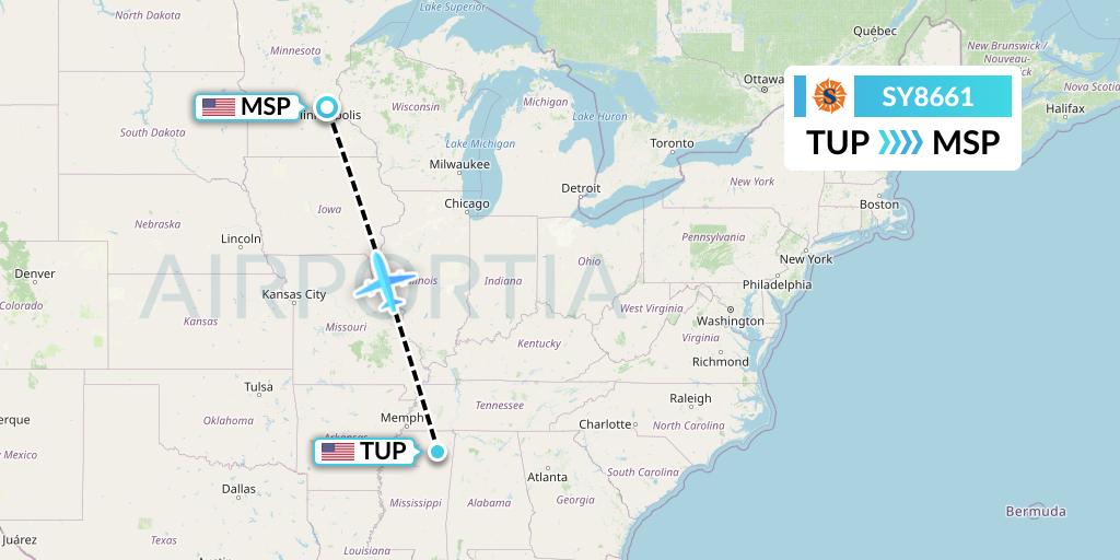 SY8661 Sun Country Airlines Flight Map: Tupelo to Minneapolis