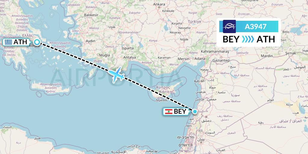 A3947 Aegean Airlines Flight Map: Beirut to Athens