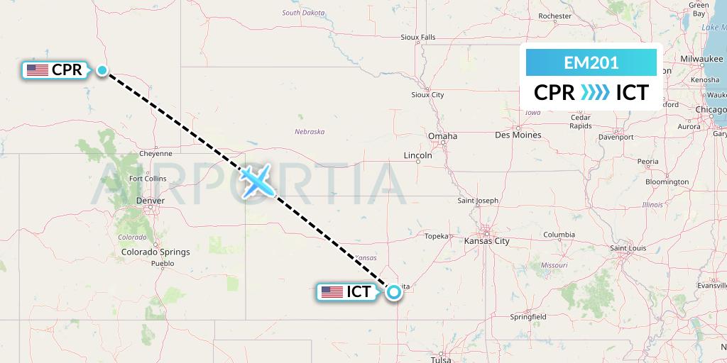 EM201 Empire Airlines Flight Map: Casper to Wichita