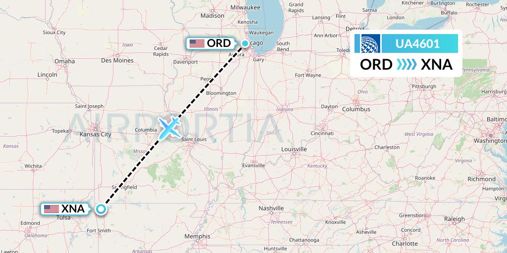 UA4601 United Airlines Flight Map: Chicago to Bentonville