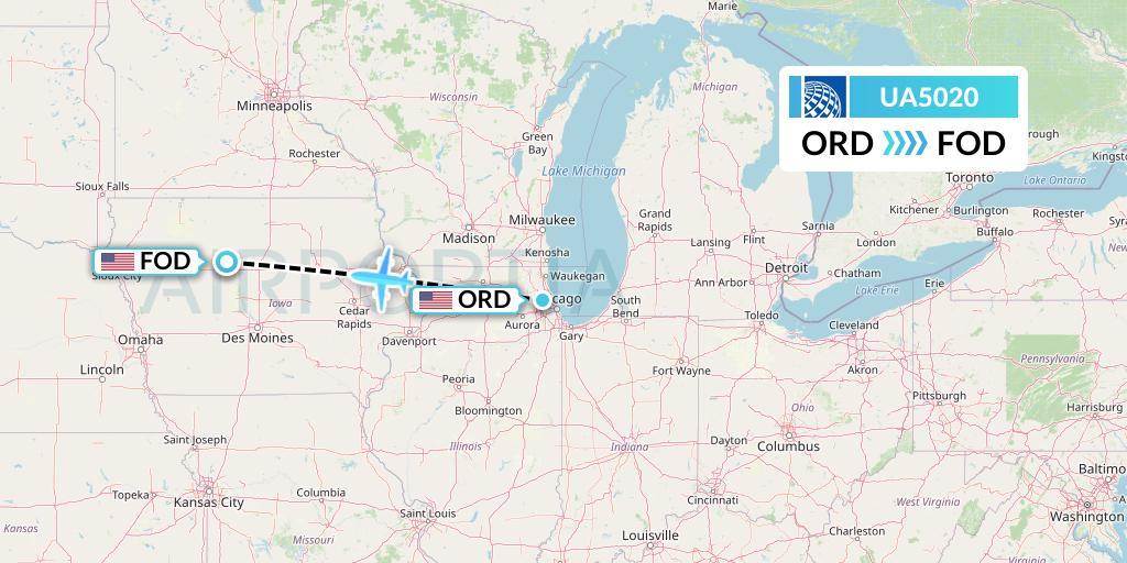 UA5020 United Airlines Flight Map: Chicago to Fort Dodge