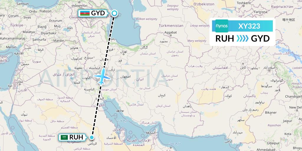 XY323 Flynas Flight Map: Riyadh to Baku