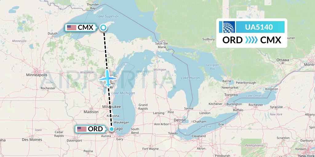 UA5140 United Airlines Flight Map: Chicago to Hancock