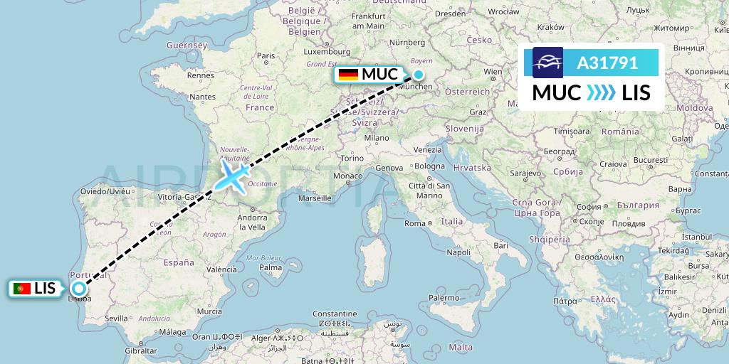 A31791 Aegean Airlines Flight Map: Munich to Lisbon