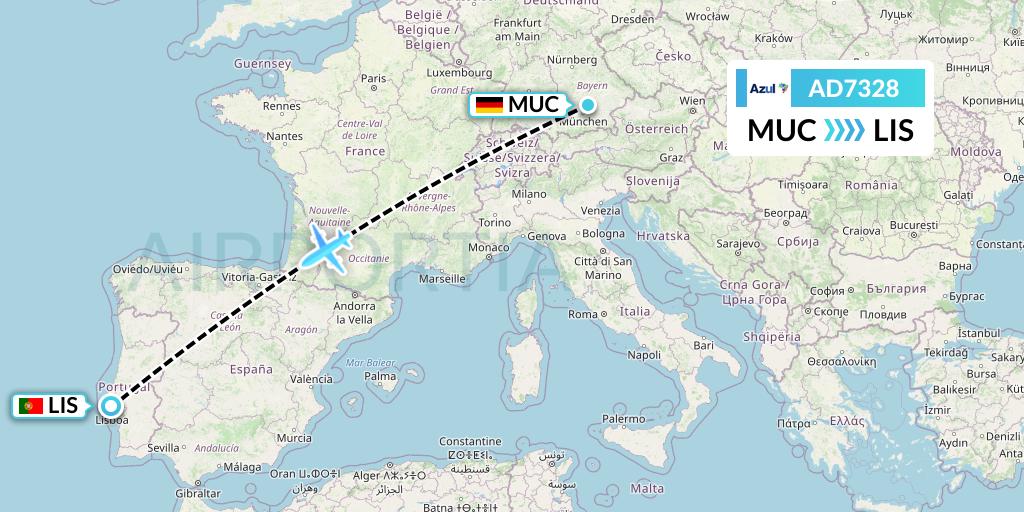 AD7328 Azul Brazilian Airlines Flight Map: Munich to Lisbon