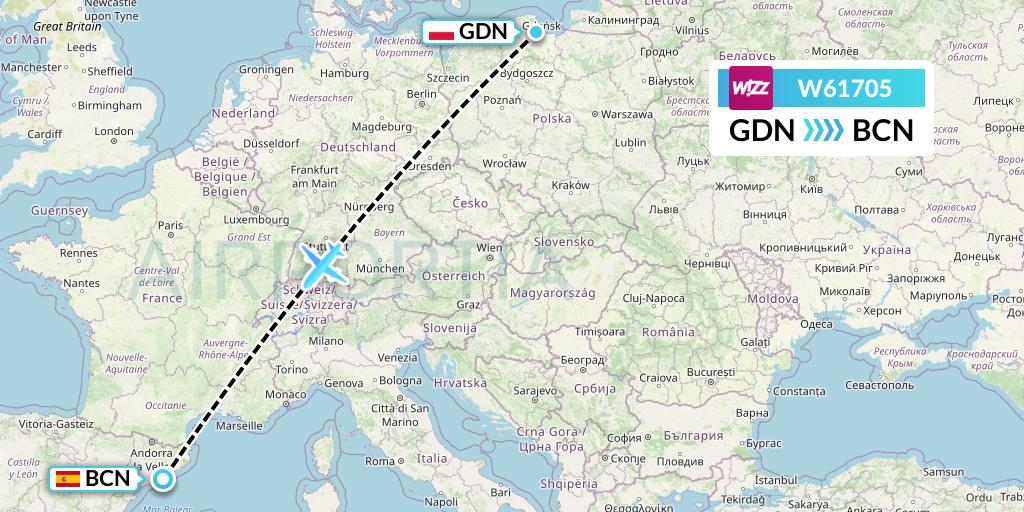 W61705 Wizz Air Flight Map: Gdansk to Barcelona