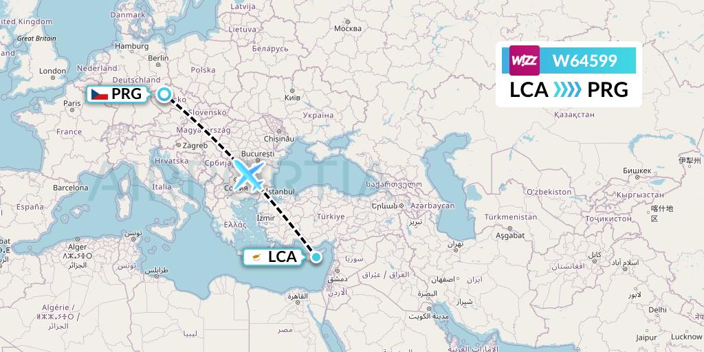 W64599 Wizz Air Flight Map: Larnaca to Prague
