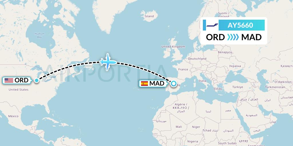 AY5660 Finnair Flight Map: Chicago to Madrid