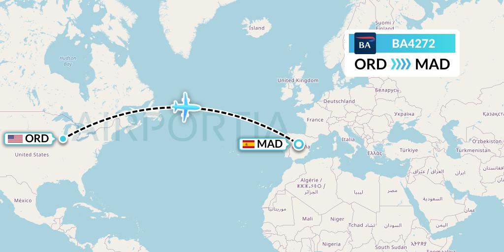 BA4272 British Airways Flight Map: Chicago to Madrid