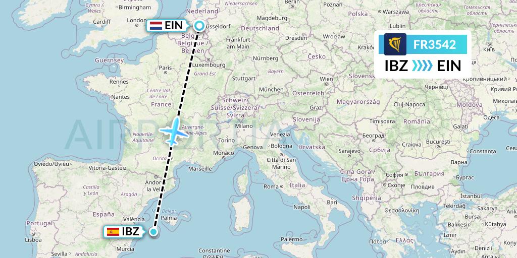 FR3542 Ryanair Flight Map: Ibiza to Eindhoven
