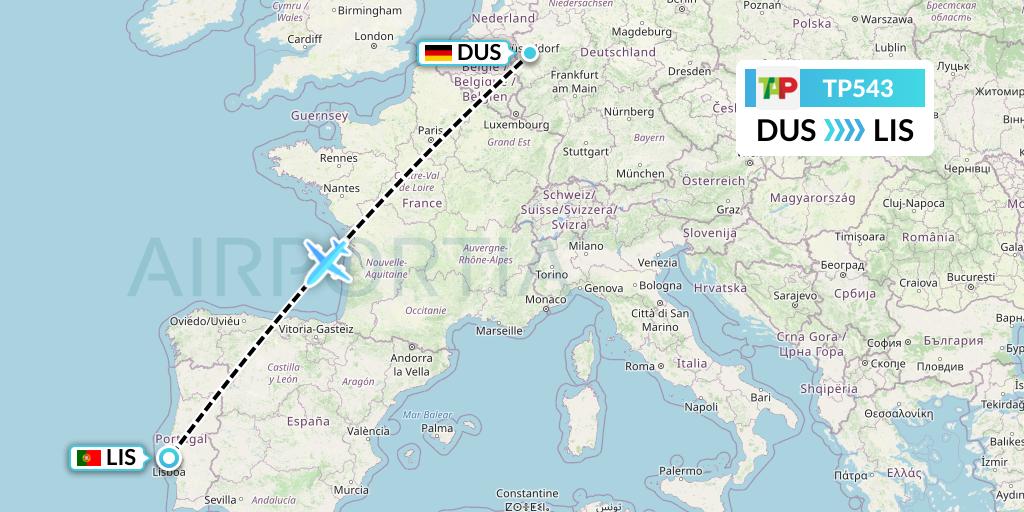 TP543 TAP Portugal Flight Map: Dusseldorf to Lisbon