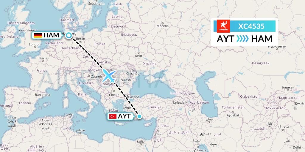 XC4535 Corendon Airlines Flight Map: Antalya to Hamburg