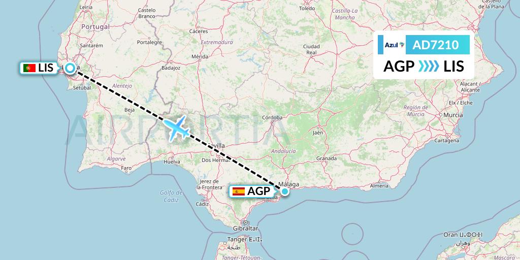AD7210 Azul Brazilian Airlines Flight Map: Malaga to Lisbon
